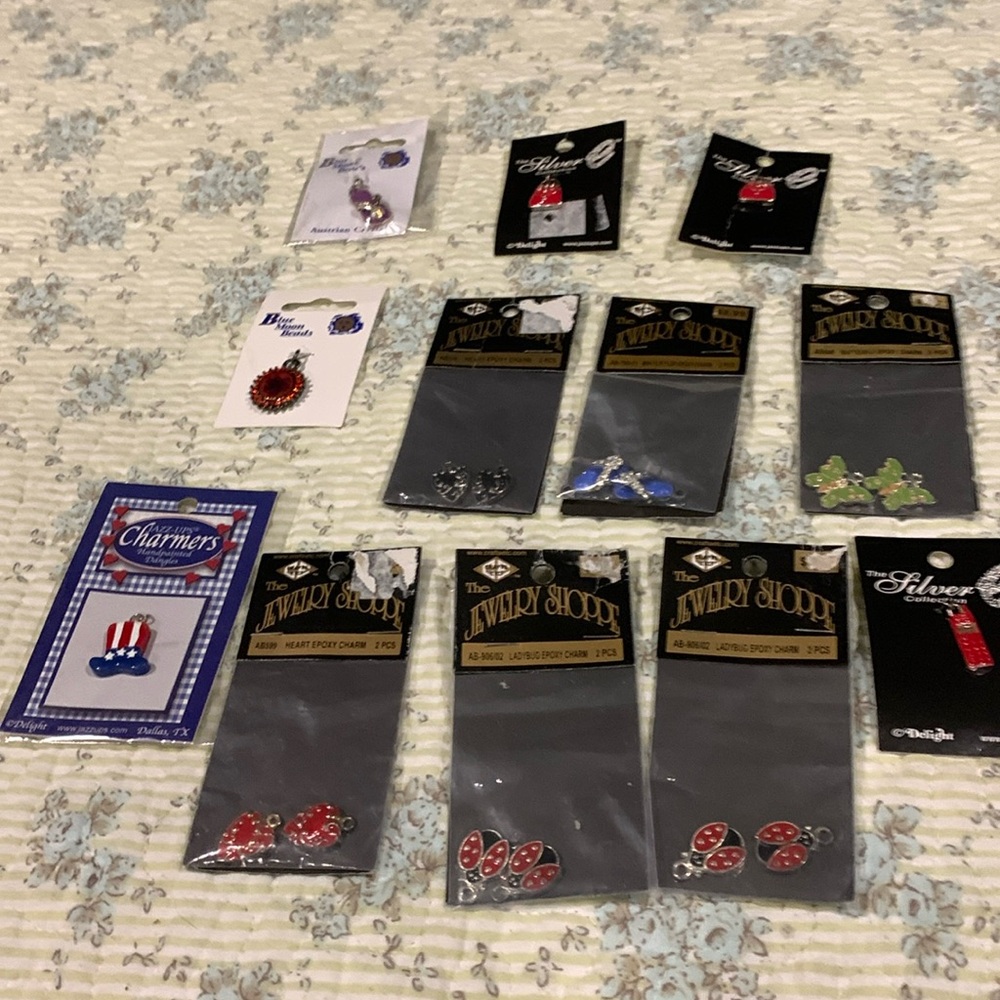 Jewelry Shoppe Charms & Earrings 19 piece set NEW Hearts Ladybugs Phone & More